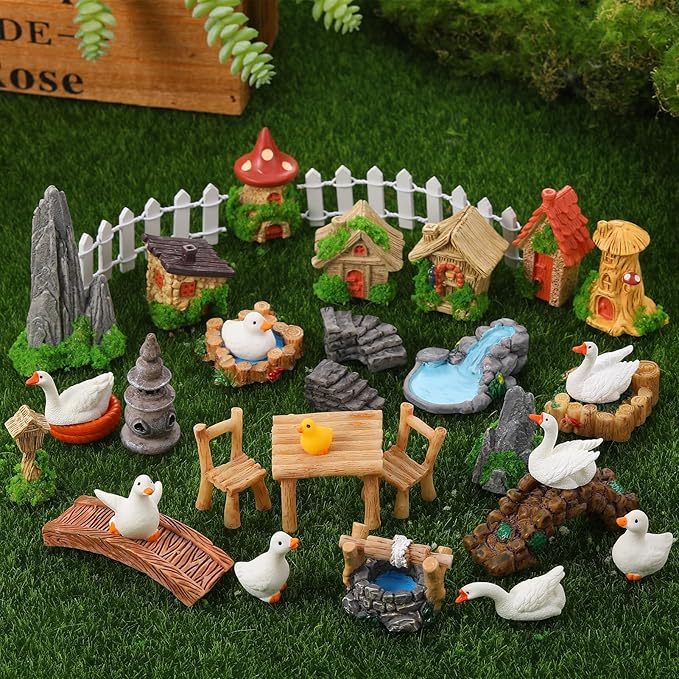 35 Pcs Fairy Garden Accessories Miniatures Garden Kit with Resin Duck, Mushroom House & Bridge Miniature Accessories for Terrarium, Dollhouse & Outdoor Decor