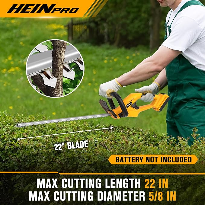 HEINPRO Cordless Hedge Trimmer 22-Inch Compatible with DEWALT 20V MAX Battery, Electric Hedge Trimmer Cordless, Bush Trimmers for Garden, Battery Powered Hedge Trimmers, Yellow (Tool Only)