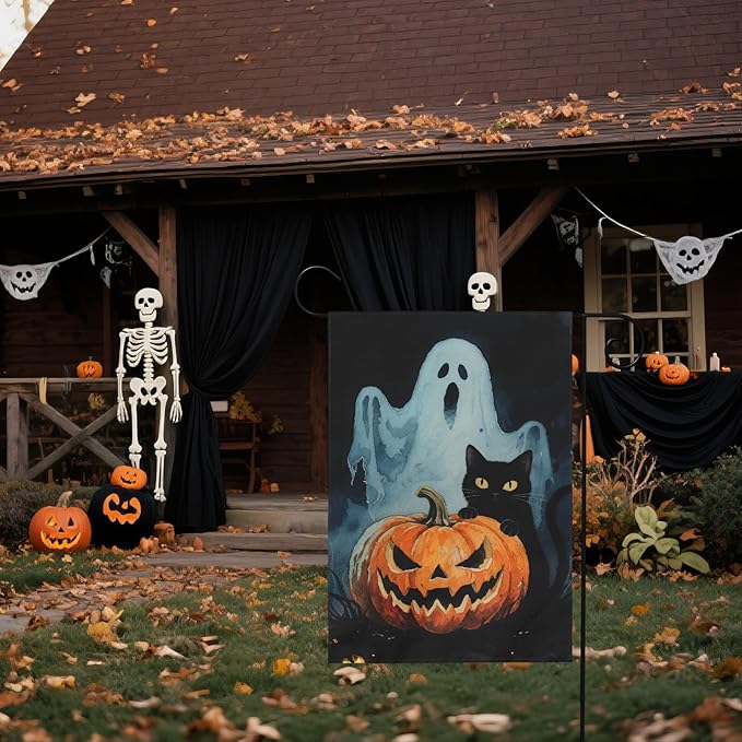 Scary Ghost Pumpkin Halloween Garden Flag 12x18 Inch Black Cat Halloween Theme Holiday Decorative Yard Flags for Outside Double Sided Outdoor Home Farmhouse Decoration Porch Decor