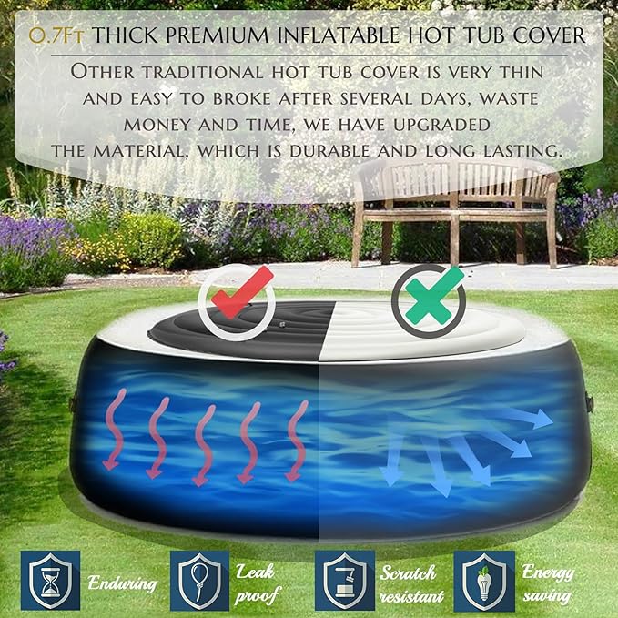 Inflatable Hot Tub Cover Round, Fits Saluspa Coleman Intex Cover, Thermal Insulated & Energy-Saving Weatherproof Protector, Unique Design Flexible Adjust Pool Cover Size Replacement-Life Time Support