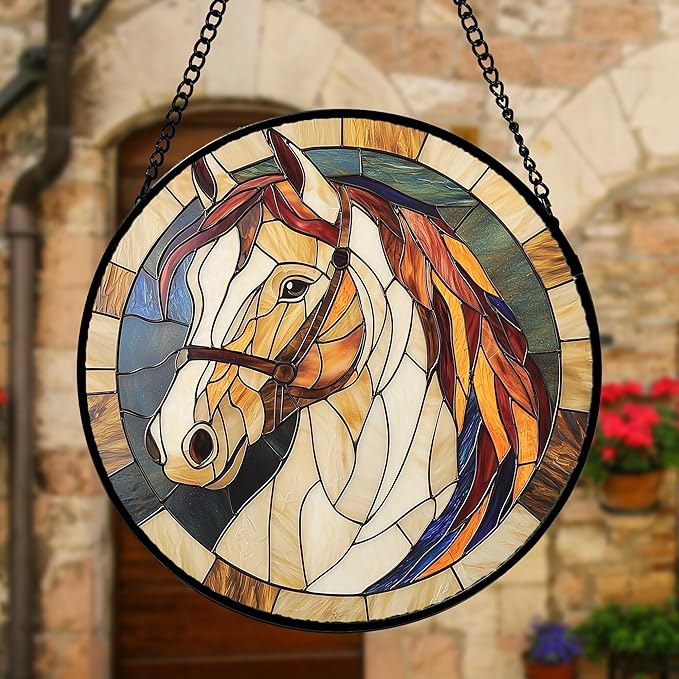 DASTOLL Stained Glass Window Hanging, Animal Horse Colored Mane Sun Catchers Glass Panel Cool Suncatcher Decor for Birthday for Women, Men, Wife, Aunt, and Mom 6.3 in