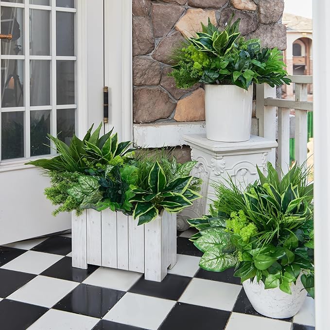 18Pcs Outdoor Artificial Boxwood UV Resistant Fake Stems Plants, Faux Plastic Greenery for Indoor Outside Hanging Plants Garden Porch Window Box Home Wedding Farmhouse Décor