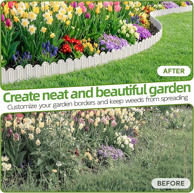 Vashly 20ft Landscape Edging No-Dig, 5.9 Inch Tall Garden Border, Flexible with 20 Stakes, 20 Pack for Flower Beds Lawn Yard Pathway(20, White)