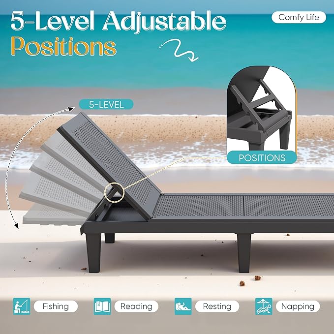 Greesum Outdoor Chaise Lounge Chairs Set of 4 with 5-Position Adjustable Backrest, Waterproof PP Sun Loungers for Garden Pool Beach Patio Deck Sunbathing, Grey