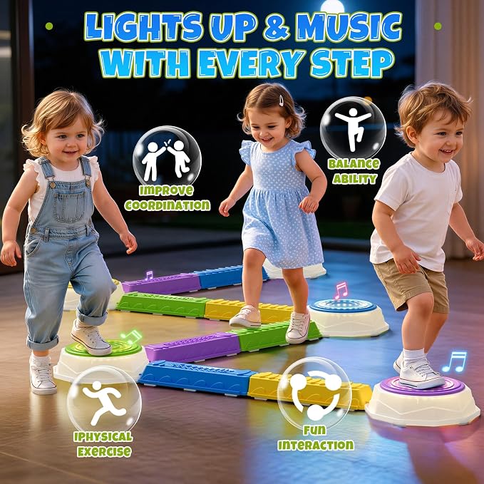Wee Wonders Light Up Stepping Stones & Balance Beam for Kids, Step Stones with Piano Music, Game Spinner & 30 Cards, Non-Slip Sensory Obstacle Course Toys, Indoor Outdoor Gifts for Toddlers 3-5