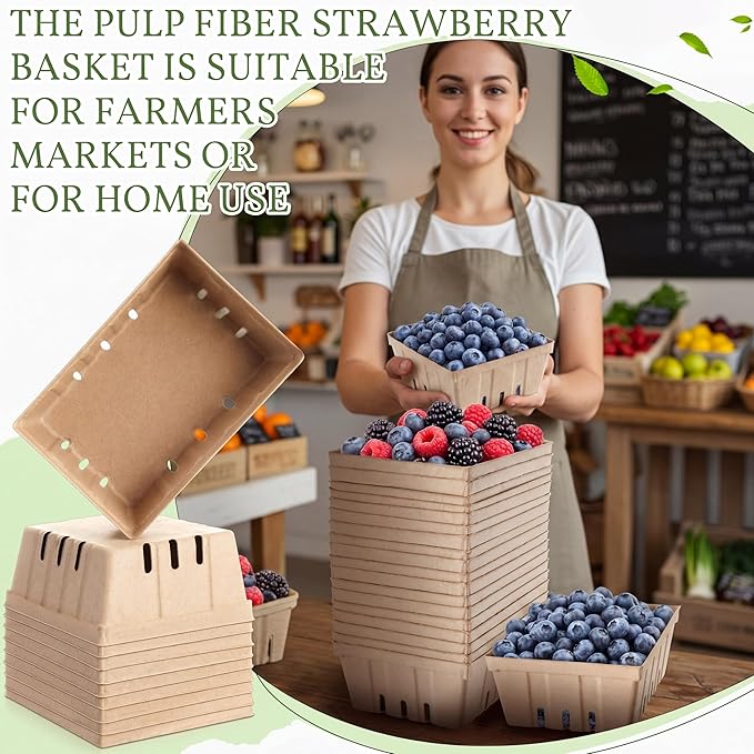 Reallnaive 20 Pack Natural Pulp Fiber Berry Baskets 3 Pint, Small Molded Produce Vented Basket for Strawberry, Blueberry, Raspberry, Vegetables, Farmers Market, Fruit Picking, Garden Harvest, Party