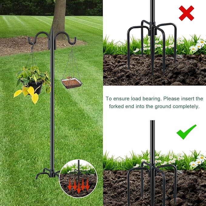 Gtongoko Bird Feeder Pole for Outdoors Heavy Duty, 2 Pack 77 Inch Double Shepherds Hook with 5-Prong Stable Base, 3/4 Inch Thick Hummingbird Feeder Stand for Hanging Plants, Lanterns
