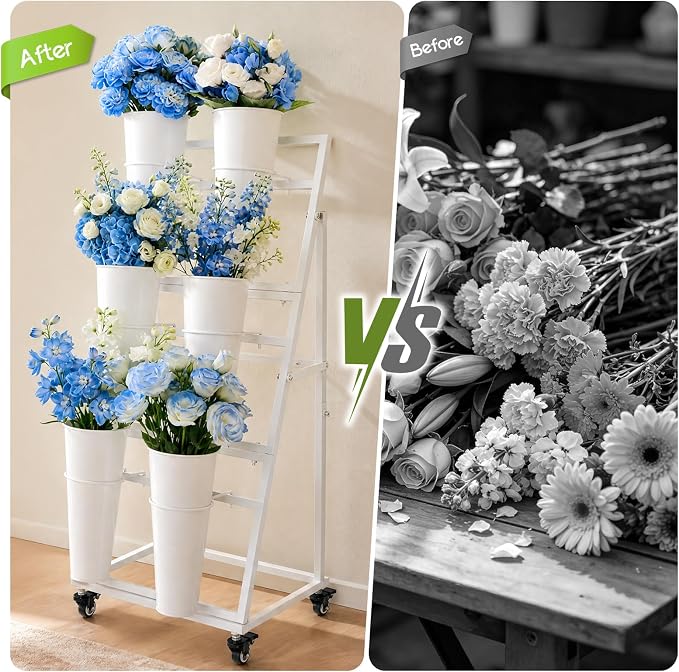 Flower Bar Stand with 6 Buckets, 3-Tier Metal Flower Display Stand on Wheels, Mobile Flower Cart for Indoor & Outdoor Garden, Flower Shop, Wedding, Party Decor(White)