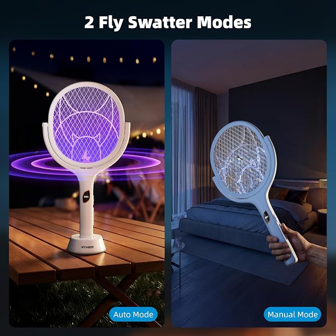 Nymrix Electric Fly Swatter Racket with Rotating Head & Telescopic Handle, 2-in-1 Bug Zapper, 4100V Rechargeable Mosquito Killer with 2600 mAh Battery for Indoor & Outdoor Use (White, 1 Pack)