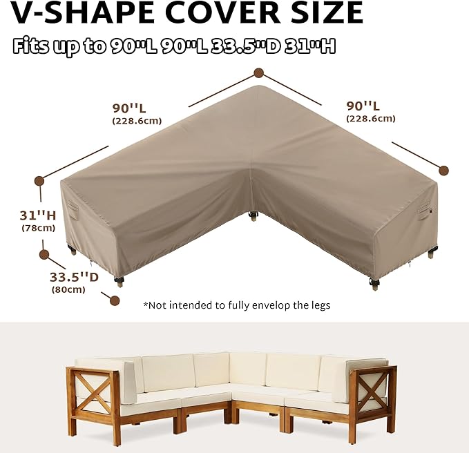 iBirdie Outdoor Sectional Cover fit 90 x 90 inch, 89 x 88, 87 x 86 L-Shaped Patio Sofa Waterproof Weatherproof 600D Heavy Duty Garden Furniture Cover for Outside L Shape Couch, Brown