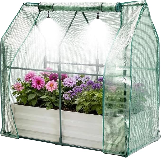 Garvee 48"x24"x12" Raised Garden Bed Kit with Pitched Roof Greenhouse Cover & Irrigation, 3-in-1 Metal Planter Box with Self-Watering System & Insect Mesh, Outdoor Raised Bed for Vegetables Flowers