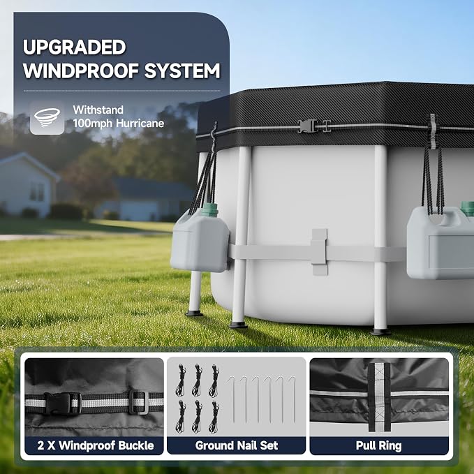 LXKCKJ 7X10 FT Pool Cover for Above Ground Pools, 420D Heavy Duty Oxford | Snug Fit for Oval /Rectangular Pool, 634N Tear-Resistant, Waterproof, Windproof, UPF50+ UV Protection, Cuts 95% Evaporatio