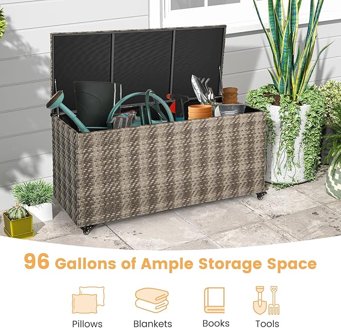 Giantex 96-Gallon Outdoor Storage Box - PE Wicker Deck Box with Lid, 4 Wheels, Waterproof Liner, outside Rattan Storage Container for Patio Cushions, Garden Tools Accessories Storage Box (Mix Gray)