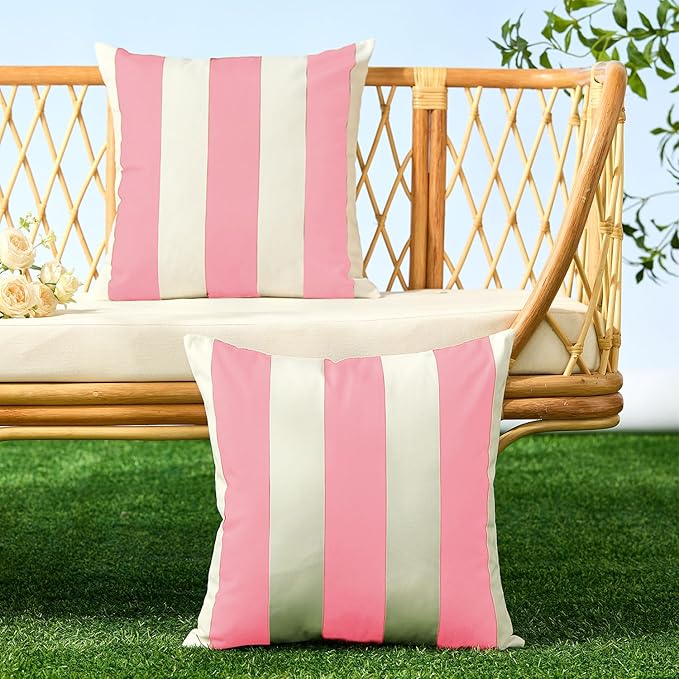 Allorry Outdoor Pillow Covers 18x18 Set of 2 Pink Striped Decoration Throw Pillow Covers for Spring Summer Outdoor Waterproof Garden Patio Furniture Sofa Bed Home Decor JB007-H18