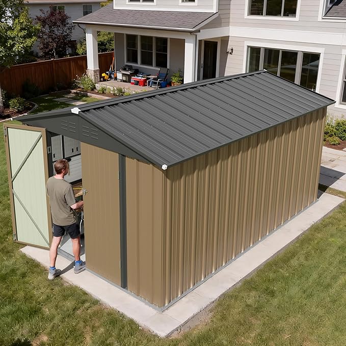 Greesum 8x12FT Outdoor Storage Shed, Utility Tool Shed with Sloping Roof, Metal Storaged Garden Shed with Door & Lock for Patio Storage, Brown