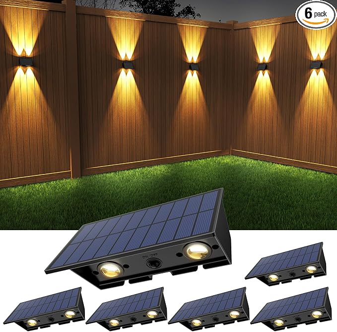 Solar Fence Lights Outdoor,6 Pack Solar Wall Lights Up and Down Waterproof Brighter LED Focus Lens Dusk to Dawn Fence Lights Solar Powered for Patio/Backyard/Porch/Railing/Step