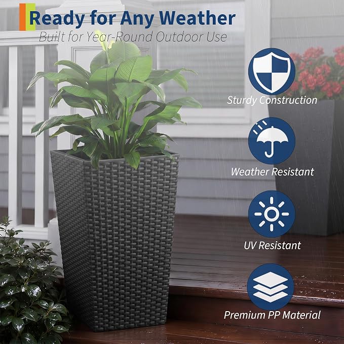 Garvee 16 Inch Tall Planters Set of 4, Self Watering Planters for Outdoor Indoor Plants with Drainage & Water Level Indicator, Tall Flower Pots for Front Porch, Patio, Balcony & Entryway