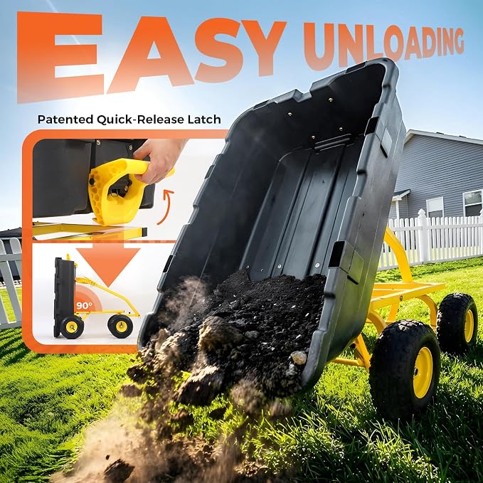 Sekey 1400lbs Garden Dump Cart for Lawn & Landscaping, Towable Utility Wagon with Quick-Release Dumping, 10" All-Terrain Tires, Black