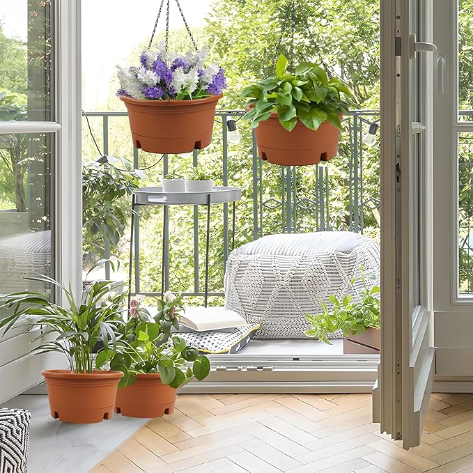 4 Pack 10 Inch Hanging Planters for Indoor Plants, Hanging Baskets for Plants Outdoor with Removable Tray, Plastic Round Hanging Flower Pots with Drainage Holes for Garden Home Decoration (Terracotta)