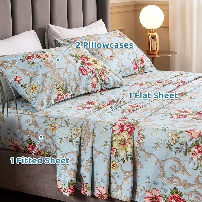 QSH Floral King Size Sheet Sets - Luxury Peony Flower Print Pattern Egyptian Cotton Printed Bedding Sheets 4pcs Extra Soft and Breathable 17.5" Extra Deep Pocket King Size Sheets