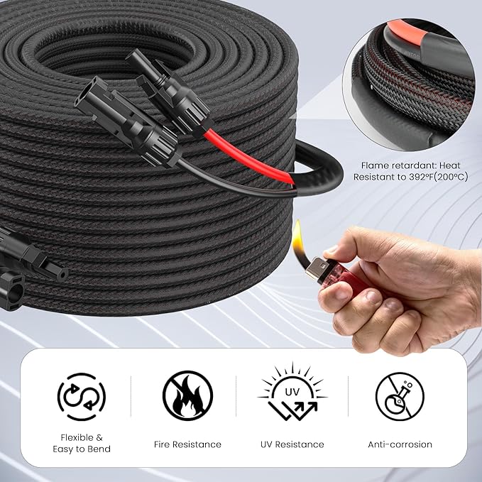 Twin Wire 10FT 10AWG Solar Extension Cable with Protection Cover, Solar Cable Extension Kit Solar Panel Connectors, IP68-Female and Male Connector, Solar Panel Cables for Home Boat RV Solar Panels