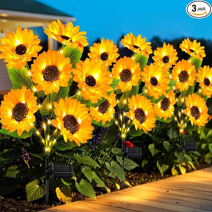 Solar Lights Outdoor Garden Decor, 3 Pack with Upgraded 18 Bright Solar Sunflower Lights, Waterproof Solar Flower Lights Outside Decorations with Auto ON/OFF, Sunflower Gifts for Women Mom Grandma