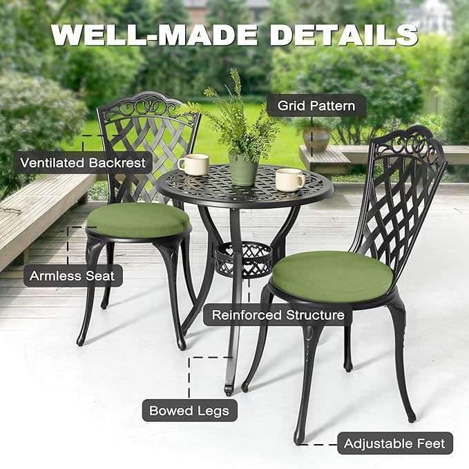 NUU GARDEN 3-Piece Cast Aluminum Patio Bistro Set, Outdoor Table and Chairs Set of 2 with Umbrella Hole and Green Cushions for Patio, Balcony, Garden, Black