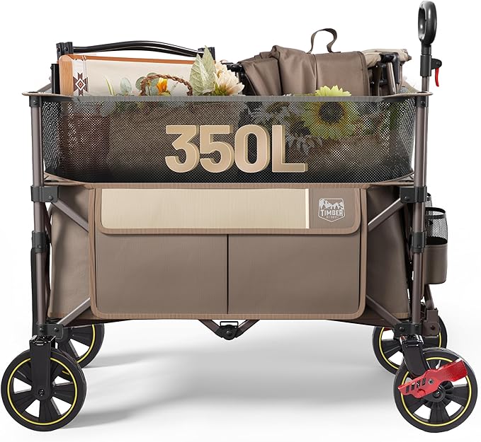 Timber Ridge 350L Extra Large Collapsible Folding Wagon Carts with Brake, Heavy Duty Outdoor Camping Utility Wagons with Extended Height, Adjustable Handle, Cup Holders, Side Bag(Tan)
