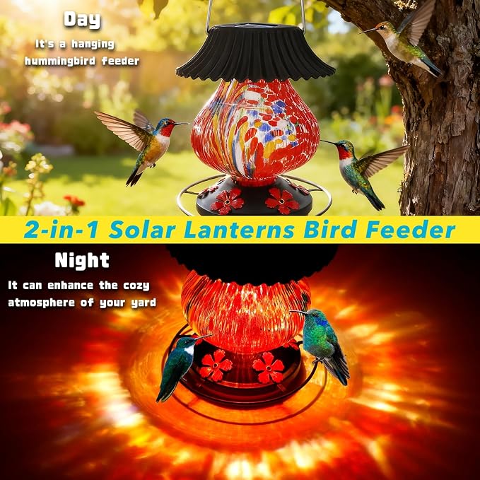 Solar Glass Hummingbird Feeder for Outdoors- 26 fl.oz Best Solar Hummingbird Feeders- 5 Feeding Ports with Perch - Wasp Leak Proof- Perfect Hand Blown Glass Color Changing for Outdoors Hanging (Red)