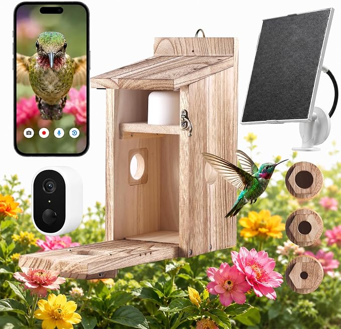 Smart Bird House with Camera – Burnt Wood Finish, AI Bird Recognition, IP66 Waterproof, Two-Way Audio, App Control, 4MP Full-Color Night Vision,Solar-Powered,Cloud & SD Storage