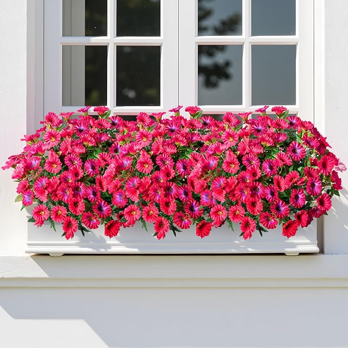 Rose Red Artificial Morning Glory Flowers for Outdoor Planters, Premium UV Resistant Silk Faux Flowers for Porch, Hanging Basket & Window Box, Summer Garden Decor, No Pot, 13.3 Inch, 8 Bundles