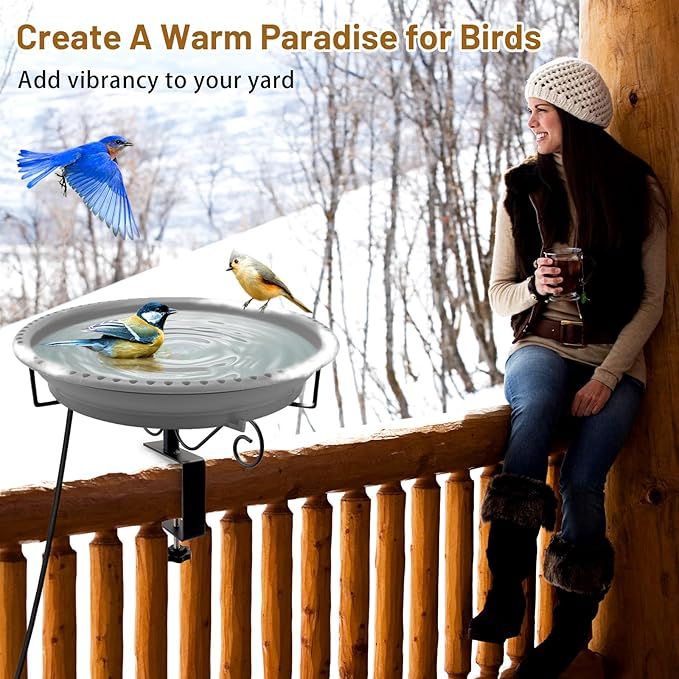 Lovppy Heated Bird Bath for Deck Railing, 100W Thermostatically Controlled Heated Bird Baths for Outdoors Bird Bath Heater, Heated Bird Bath for Outside Winter Garden Patio Yard(Gray)