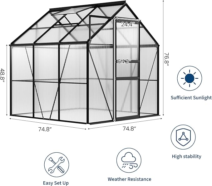 6x6FT Greenhouse for Outdoors, Walk-in Polycarbonate Greenhouse with Sliding Door, Adjustable Roof Vent & Gutter System, Portable Outdoor Green House Kit for Winter Gardening
