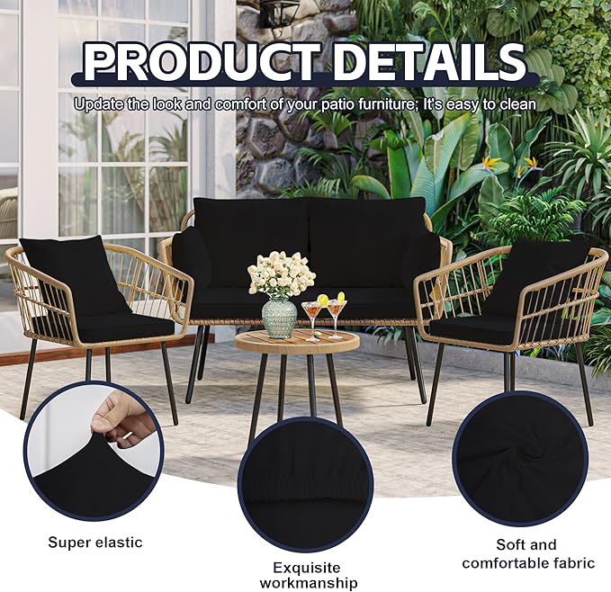 12Pcs Patio Cushion Covers,Outdoor Cushions Covers,Stretch Cushion Covers Replacement, Washable and Reusable Furniture Protectors(Black)