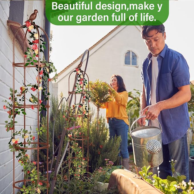 Sadnyy 4 Pack 6 ft Garden Obelisk Trellis for Climbing Plants Outdoor- Heavy Duty Rustproof Metal Pipe with Plastic Coated Plant Trellis for Clematis Grape Pea Vines Tomatoes Cucumbers Flowers(Brown)