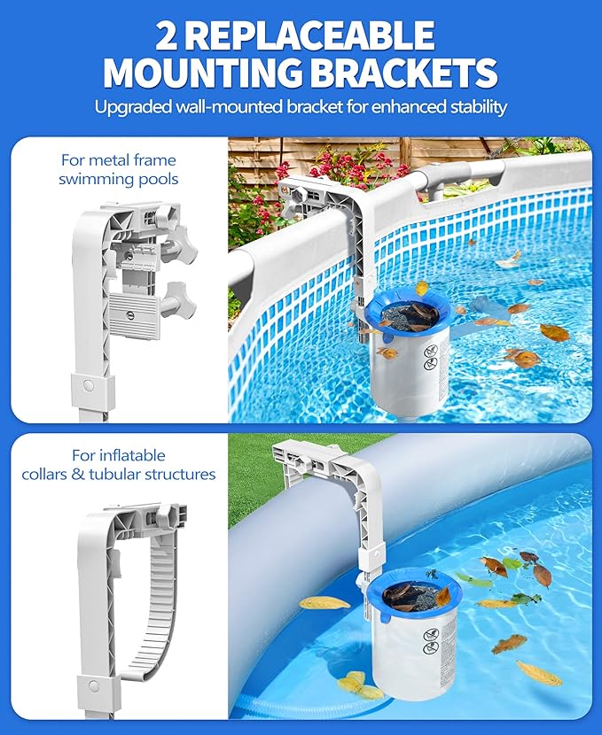 DeeprClean Upgrade Above Ground Pool Skimmer Comes with 3 Socks, Anti-tilt Wall Mount Surface Skimmer, Removable Skimmer Basket, Adjustable Height Bracket, Auto Skimming Pool Surface Leaves - White