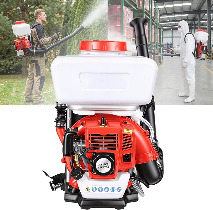 Backpack Fogger Sprayer Gas Powered – 3.7 Gallon Tank Cold Fog Machine, Mosquito Control Fogger Sprayer for Farm, Garden, Lawn, with Mist & Duster Modes Ergonomic Straps, Adjustable Nozzle Red