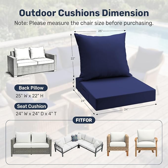 UNIKOME Outdoor Seat Cushions 24 X 24 Inch - Water-Resistant & Fade Resistant, Removable Cover Patio Furniture Cushions for Chair, Sofa, Couch, Wicker, Navy