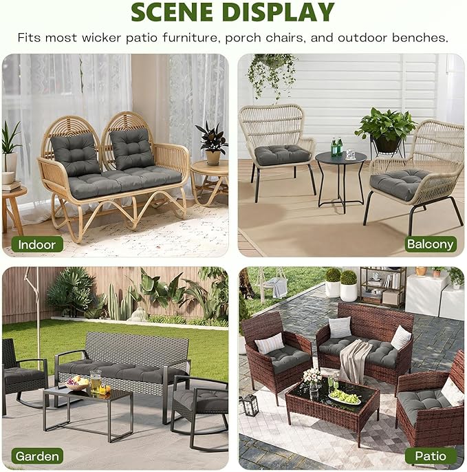 Wicker Chair Cushions Set, 2 U-Shaped Cushions & 1 Loveseat, Waterproof Outdoor Loveseat Cushion for Patio Furniture, Settee Bench Pad All Weather,Gray