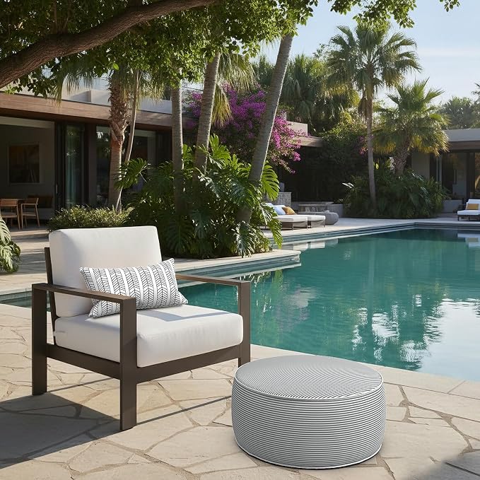 LVTXIII Indoor/Outdoor Inflatable Ottoman with Handle D21 x H9 Inch, Weather-Resistant Round Footstool Pouf for Patio Camping Living Room, Portable Footrest Extra Seating, Topanga Stripe Grey