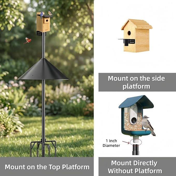 NSYOOMH Dia 1 Inch Bird Feeder Pole with 19" Proof Squirrel Baffle, Heavy Duty Metal, Bird House Pole Compatible Mount for Smart Camera Birdfeeder, Outdoor Feeding Station Stand Kit - 79"