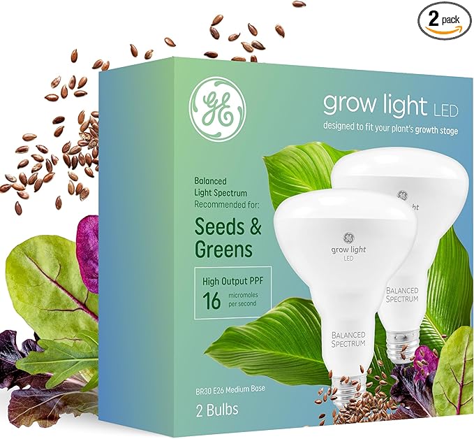 GE Grow Lights for Indoor Plants, BR30 Indoor Floodlight, LED Light Bulbs for Seeds and Greens with Balanced Spectrum, 25,000 Hours Lifespan, 16 PPF, 2 Pack (Packaging May Vary)