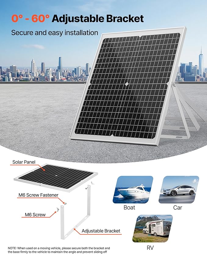 VEVOR 30W 12V Solar Panel Battery Charger, Solar Battery Trickle Charger Maintainer with Intelligent MPPT Controller & Adjustable Mount Bracket, IP67 Waterproof for Car Boat RV Motorcycle Trailer