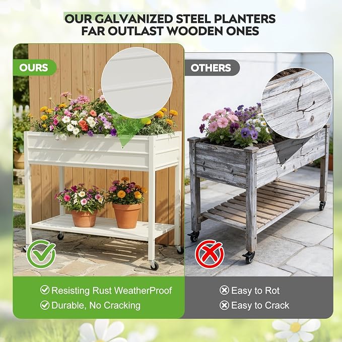32" Tall Galvanized Raised Garden Bed with Legs Wheels & Shelf, Elevated Planter Box Outdoor for Vegetables, Herbs & Flowers, Patio & Backyard, Garden Bed with 400lb Capacity，White