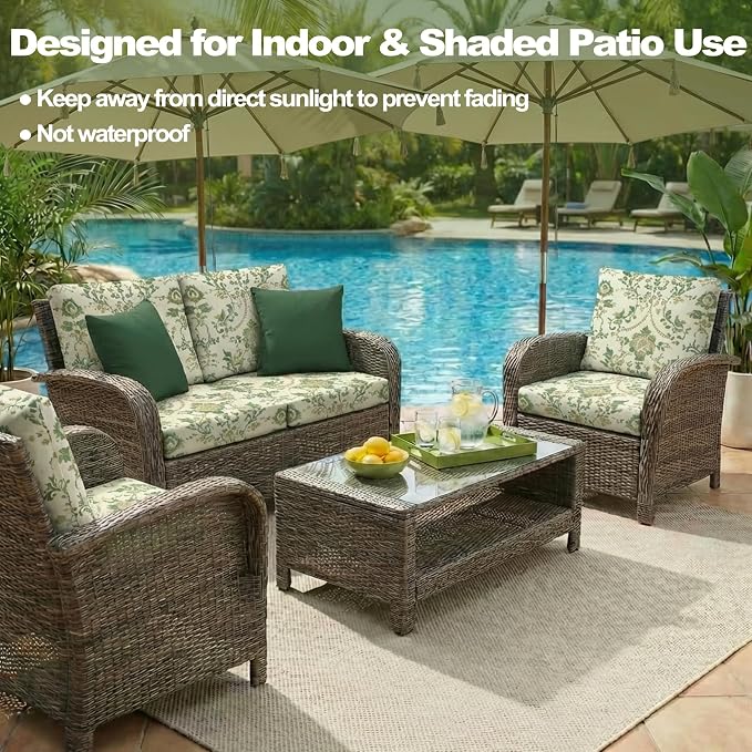 CALBODE 12 Pcs Stretch Outdoor Seat Cushion Covers, Washable Chair Seat Cover for Patio Furniture Cushions Soft Indoor and Outdoor Couch Cover Replacement (Green Vines, Cover Only)