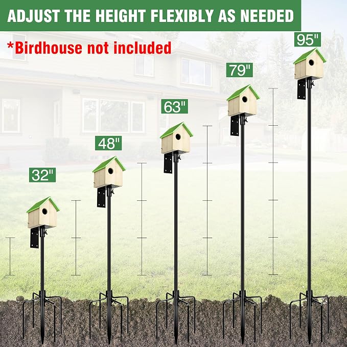 YINGYM Bird House Pole, 95 Inch Heavy Duty Bird Feeder Pole Mount Kit for Outdoors, Adjustable Bird Feeding Stand, with 2-Hooks, 5-Prong Base for Birds Watching