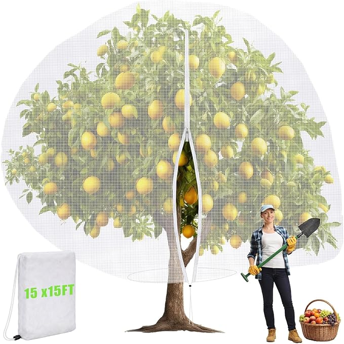 15 x 15 ft Large Fruit Tree Netting for Protecting Fruit from Squirrels Birds Bug Deer & Rat Garden Mesh Netting with Zipper and Drawstring Tree Covers for Blueberry Peach Apple Garden Bushes
