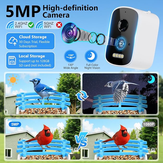 Smart Bird Feeder with Camera, AI Bird Species Identification Solar Powered Panel, 2.5k HD Video Bird House with Camera for Outside Garden, Ideal Gifts for Lover, Father's Day, Blue