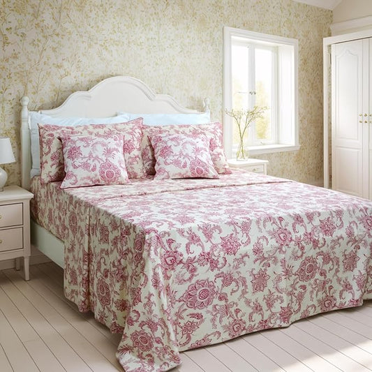 FADFAY Bed Set Red Floral Leaves Bedding Elegant Bed Sheets Set Luxury Bedding Sheet 800 Thread Count 100% Egyptian Cotton Deep Pocket Fitted Sheet, Girls Women 4 Piece-Twin Size