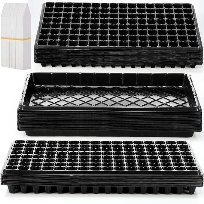 Yinder 20 Pcs Seed Starter Trays Tray Kits with Dome 128 Cells Plug Trays and 1020 Tray No Holes with 100 Pcs Tags Seed Starter Kit for Nursery Germination Plant Propagation Gardening Greenhouse